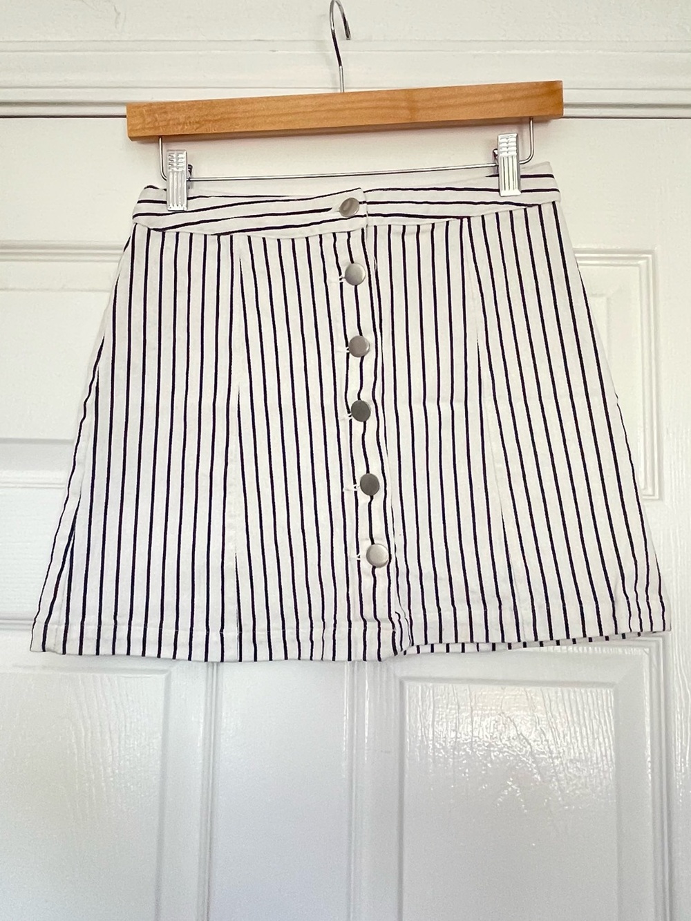 Altar'd State White Mini Skirt with Black Vertical Stripes and Front Buttons